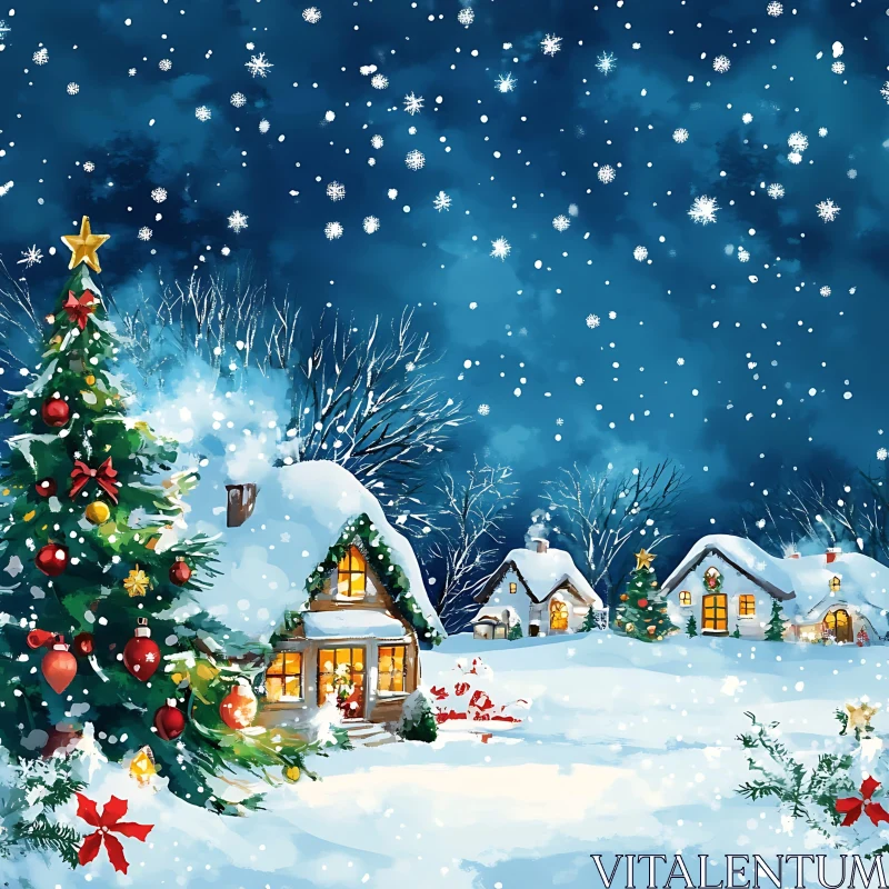 Winter Wonderland with Illuminated Cottages and Christmas Tree AI Image