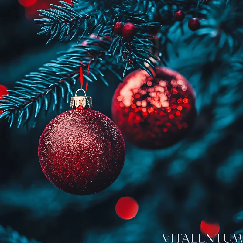 Festive Christmas Tree Branch with Red Decorations AI Image