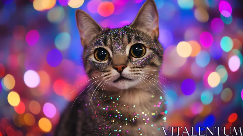 Glittery Cat with Expressive Eyes and Bokeh Lights AI Image