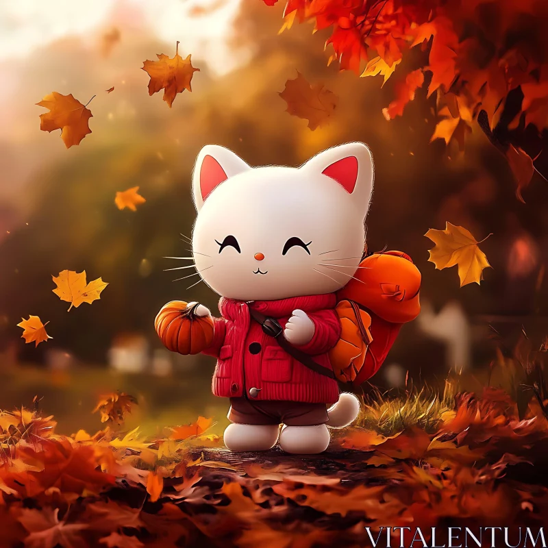 Adorable Cat in Fall Scene with Pumpkin AI Image