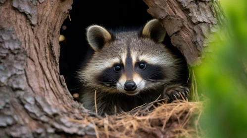 Close-Up Raccoon Peeking from Tree Hole
