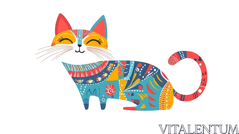 Vibrant Feline Artwork with Geometric and Floral Motifs AI Image