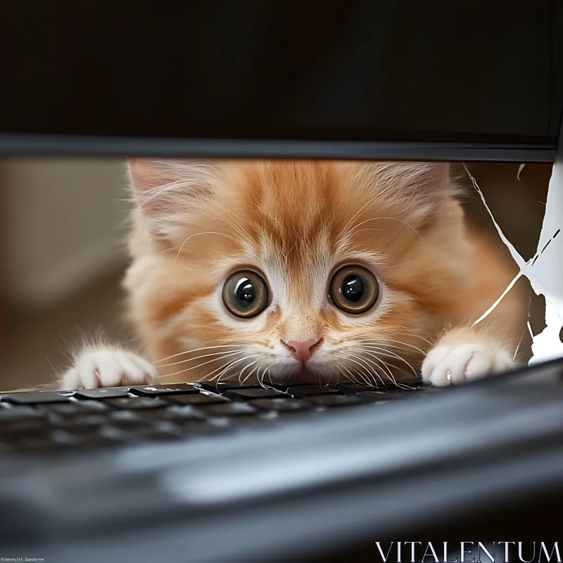 Adorable Ginger Kitten Peering Through an Opening AI Image