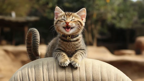 Playful Happy Cat Sitting Outdoors