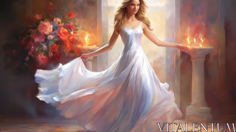 Elegant Woman in White Dress Painting AI Image