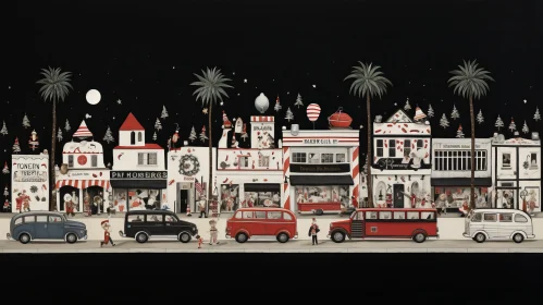 Festive Black and White Artwork of City Street with Cars and Seaside Scenes
