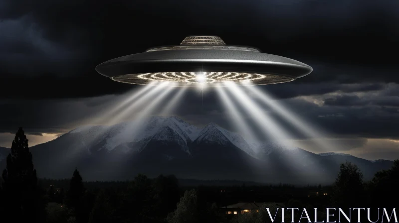 Mysterious UFO sighting over mountain town AI Image