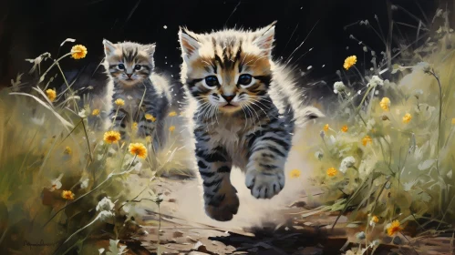 Playful Kittens in a Field of Yellow Flowers