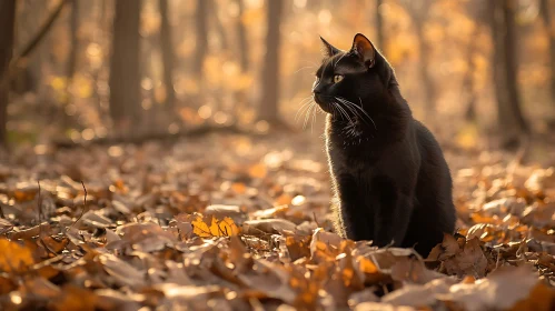 Autumn Serenity: Black Cat Among Fallen Leaves