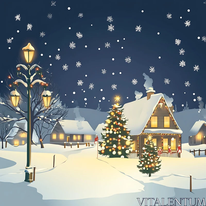 Peaceful Holiday Evening in a Snowy Christmas Village AI Image