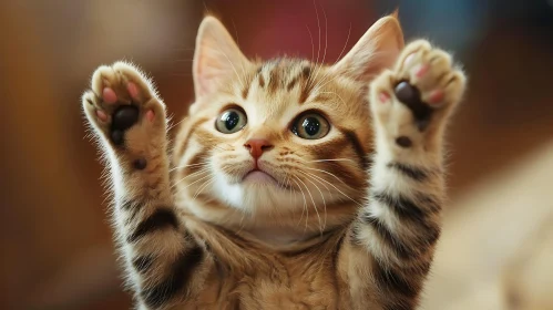 Close-Up of a Cute Kitten with Raised Paws