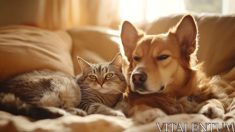 Warm Light Embraces Cat and Dog Friendship AI Image