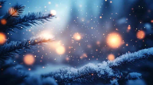 Pine Branches and Bokeh Lights in a Winter Wonderland