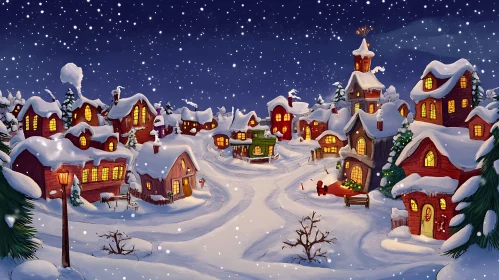 Snowy Night in a Cozy Holiday Village