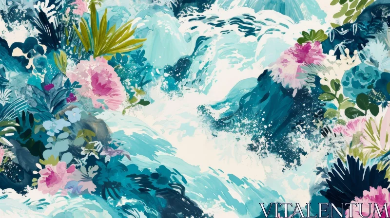 Abstract Painting of Waterfall with Pink and White Flowers AI Image