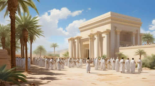 Ancient Temple Gathering in Desert Landscape