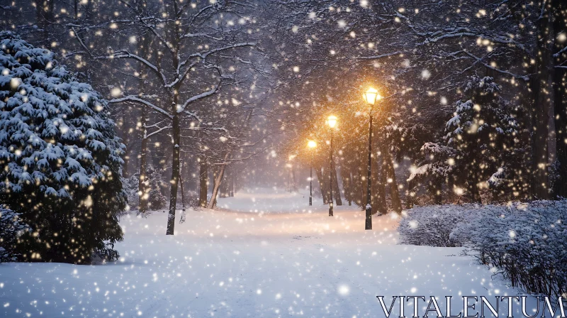 AI ART Calm Winter Evening: Snow and Street Lights in the Forest