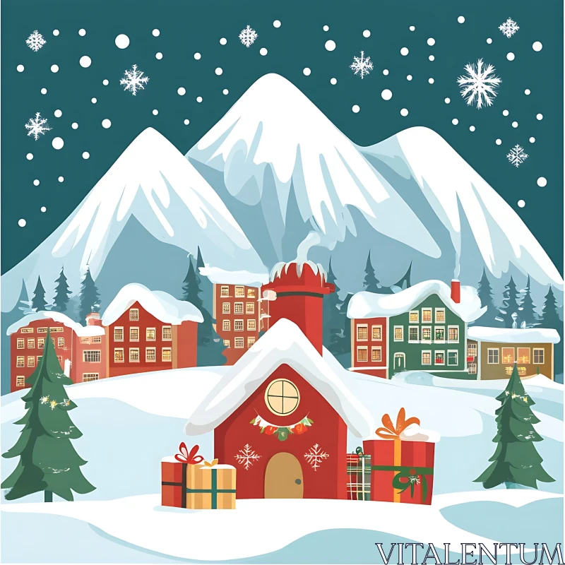 Snowy Christmas Village with Holiday Cheer AI Image