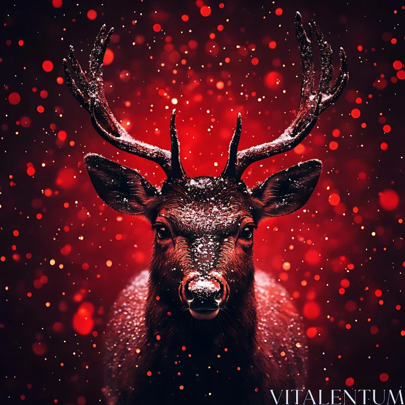 Elegant Deer with Antlers Against Red Winter Setting AI Image