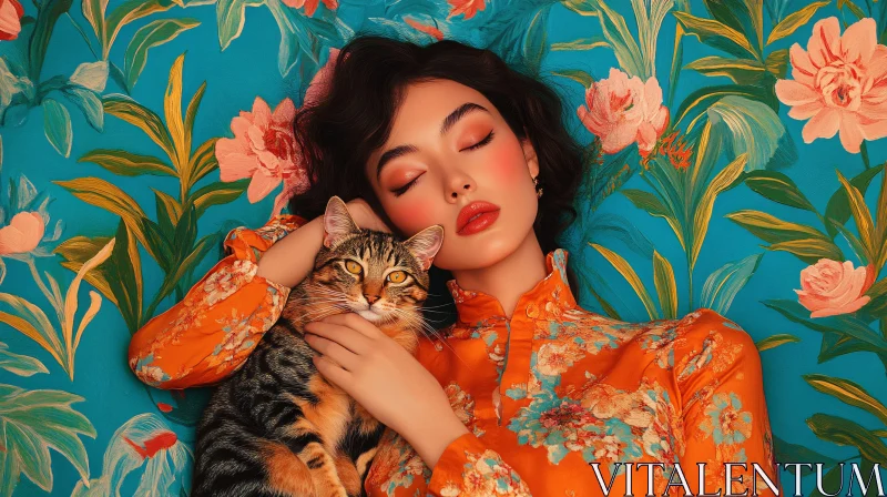 Woman and Cat in Floral Harmony AI Image