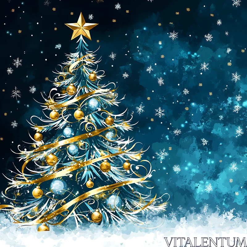 Festive Christmas Tree Decorated with Gold AI Image