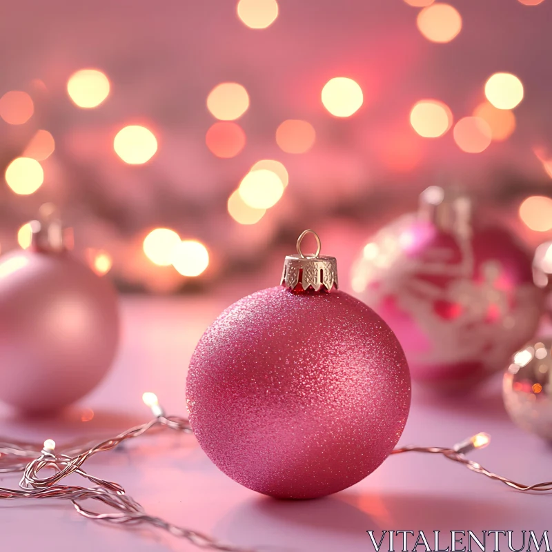 Glittered Pink Christmas Ball with Festive Background AI Image