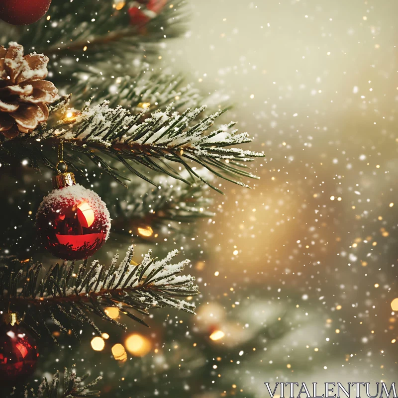 Festive Christmas Tree Branch with Red Ornament and Snow AI Image