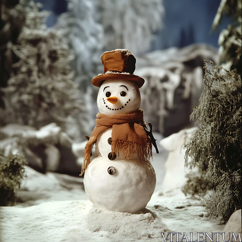 Whimsical Snowman in a Snowy Landscape AI Image