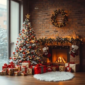 Cozy Christmas Setting with Decorated Tree and Fireplace