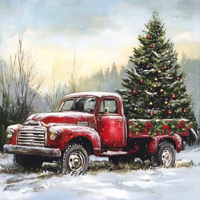 Vintage Truck with Christmas Tree in Snow