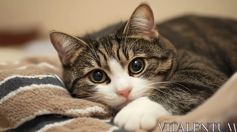 Endearing Close-Up of Striped Kitten on a Soft Blanket AI Image