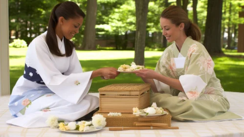 Captivating Image of Two Sisters in Kimonos Serving Food in a Nature-Inspired Setting
