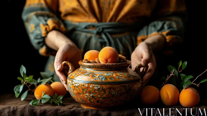 AI ART Captivating Still Life: Woman Holding Ceramic Bowl with Apricots and Almonds
