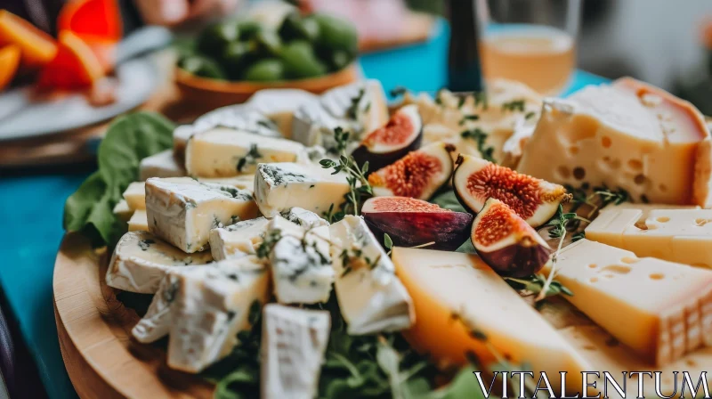 Cheeses and Figs on a Wooden Board: A Gastronomic Delight AI Image