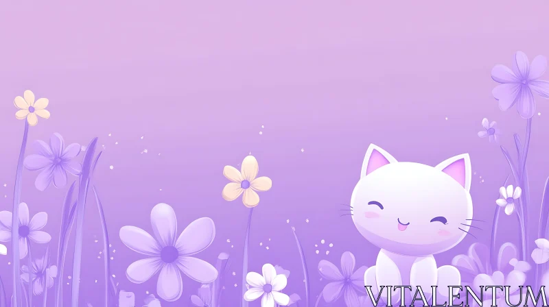 Adorable Cat Illustration with Pastel Flower Field AI Image