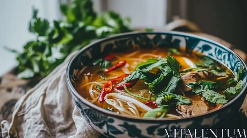 Delicious Vietnamese Pho Noodle Soup on Wooden Table AI Image