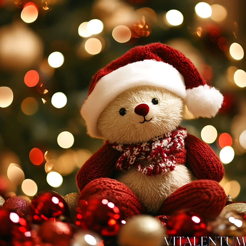 AI ART Teddy Bear in Santa Hat with Holiday Decorations