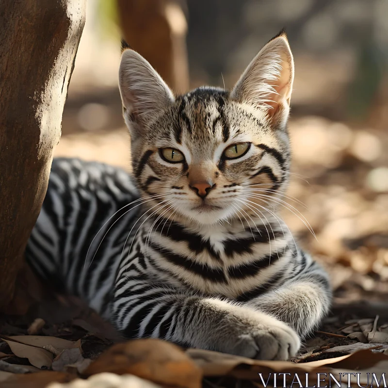 Striped Kitten Portrait in Natural Setting AI Image