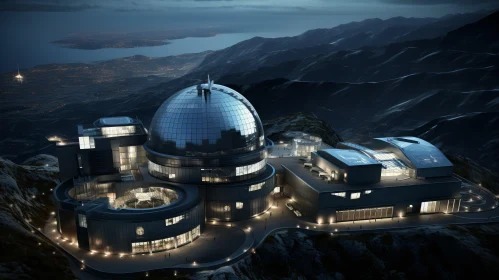 Futurist Observatory on a Mountain in Nighttime Scenery - Photorealistic Renderings