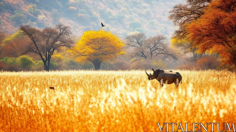 Golden Field Landscape with Majestic Rhinoceros AI Image