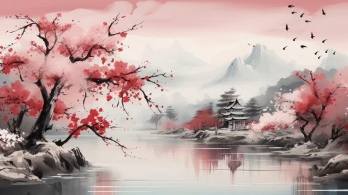 Romantic Cherry Blossom Landscape Painting in Light Crimson and Gray