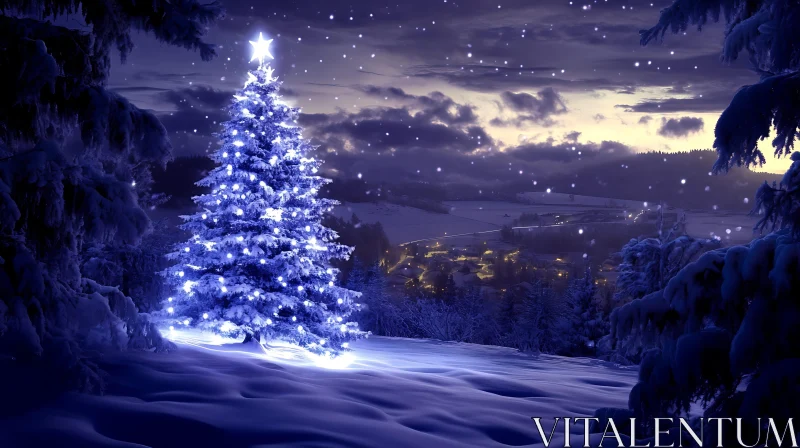 AI ART Magical Winter Landscape with Lit Christmas Tree