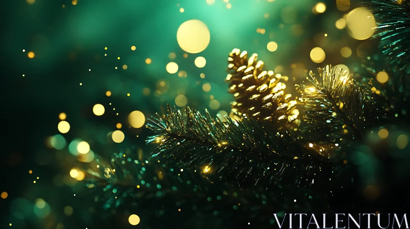 Festive Pinecone and Evergreen Branches with Holiday Lights AI Image