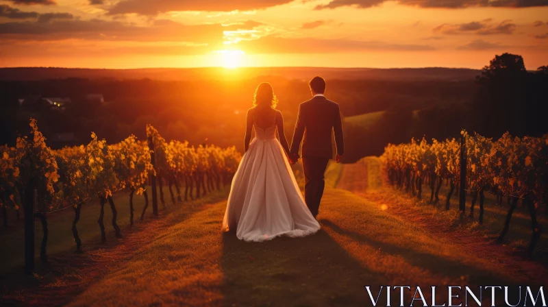 Bride and Groom in Vineyard at Sunset AI Image