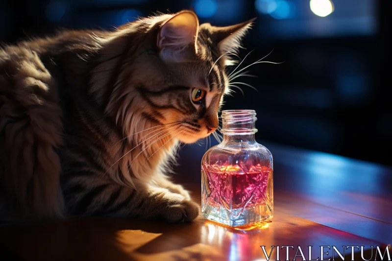 Curious Cat with Glittering Bottle AI Image