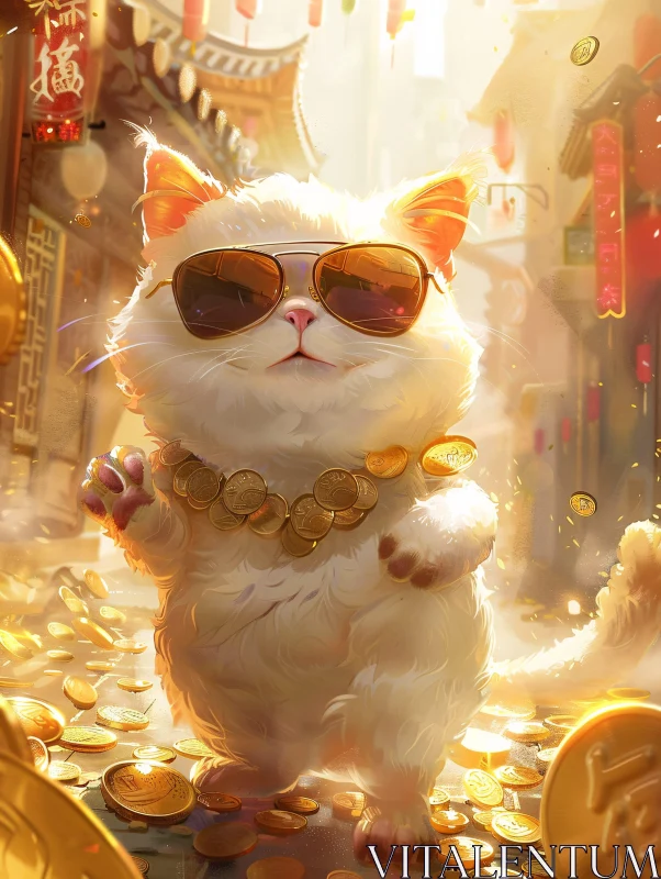 Stylish Cat in Vibrant Street with Gold Coins AI Image