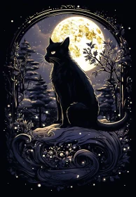 Moonlit Cat in Enchanted Night Forest