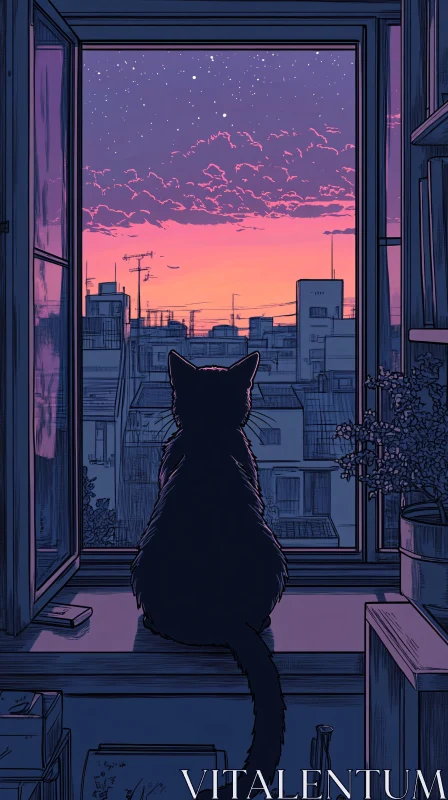 AI ART Cat at Sunset Window View