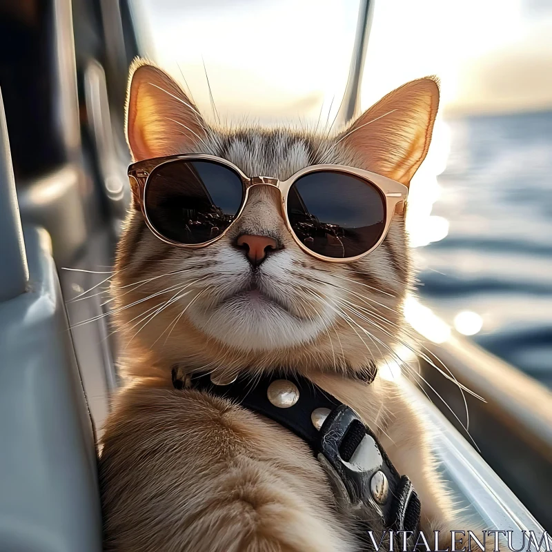 Cat with Sunglasses Enjoying Boat Ride AI Image