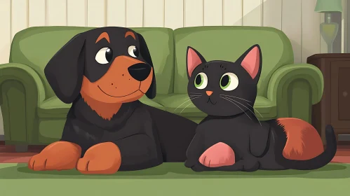 Black and Brown Dog with Black and Orange Cat Animated Scene